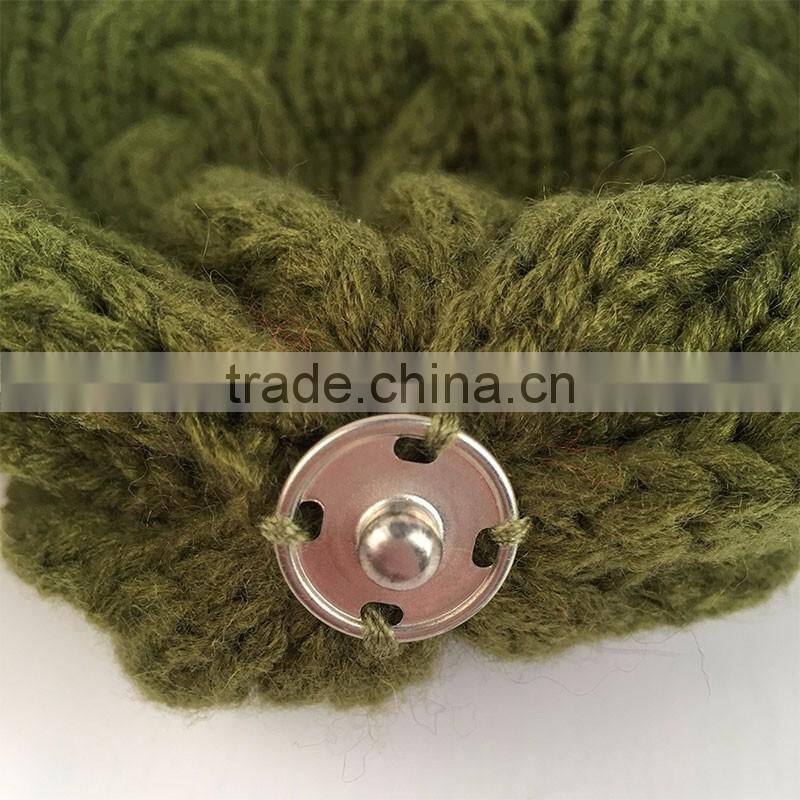 Myfur Khaki Green Wool Knitting Cap and Hat for Adults with Real Raccoon Fur Pom Pom