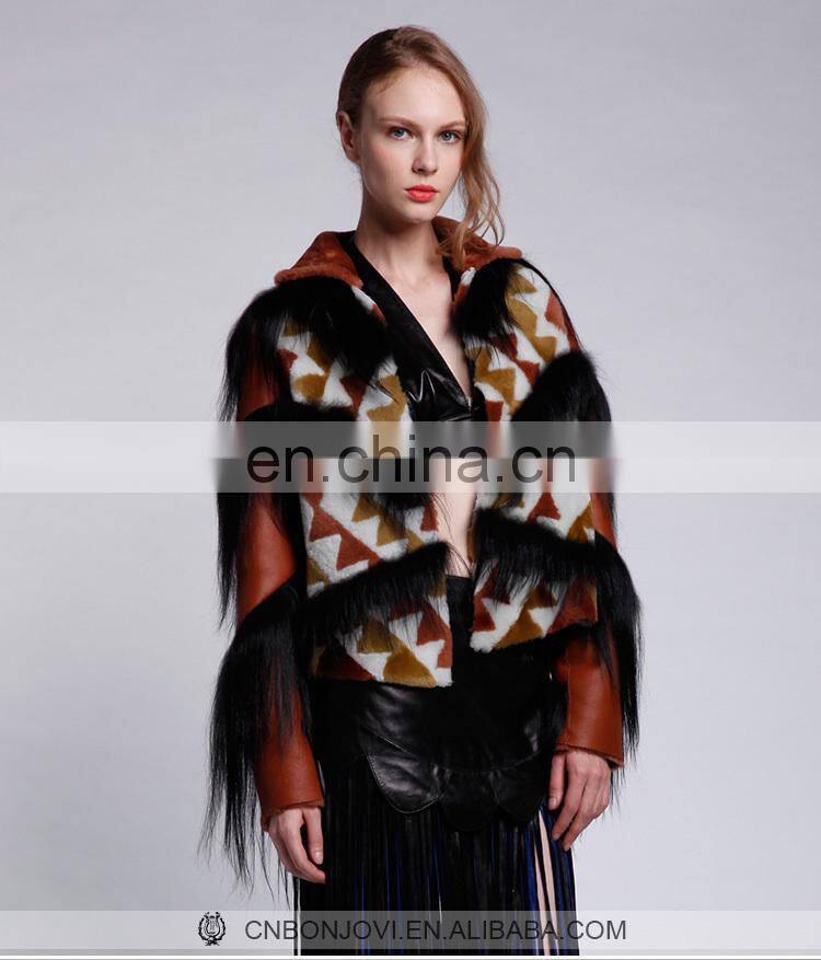Wild Style Multicolored Goat Fur Coat Checked Merino Sheep Fur Jacket With Goat Fur Tassel Winter Women's Fashion Overcoat