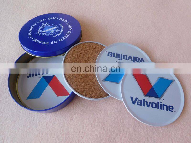 Custom printing logo round tin coaster with cork back