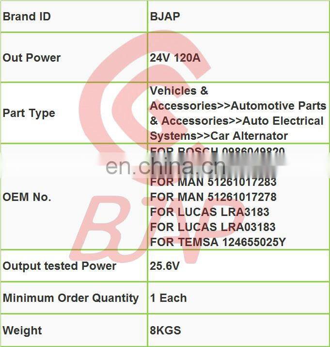 BJAP Brand New Alternator 0124655025 0986049820 51261017278 51261017283 20617 FOR MAN/ MERCEDES BENZ