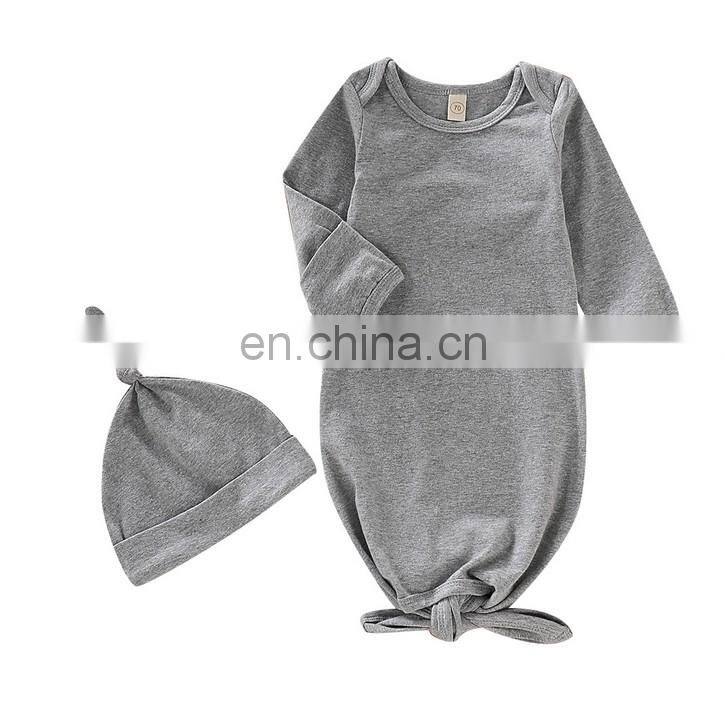 Plain color cotton baby sleepsack with hat knotted infant sleeping bag