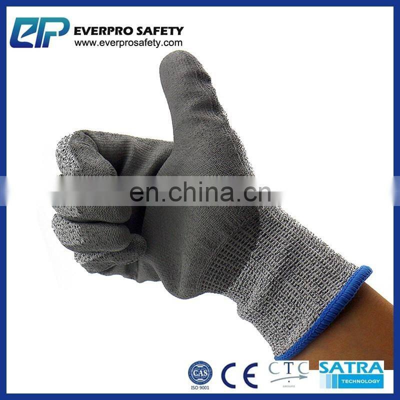 Factory Direct-13G HPPE+Fiberglass PU Coated 5 Level Cut Resistant Glove