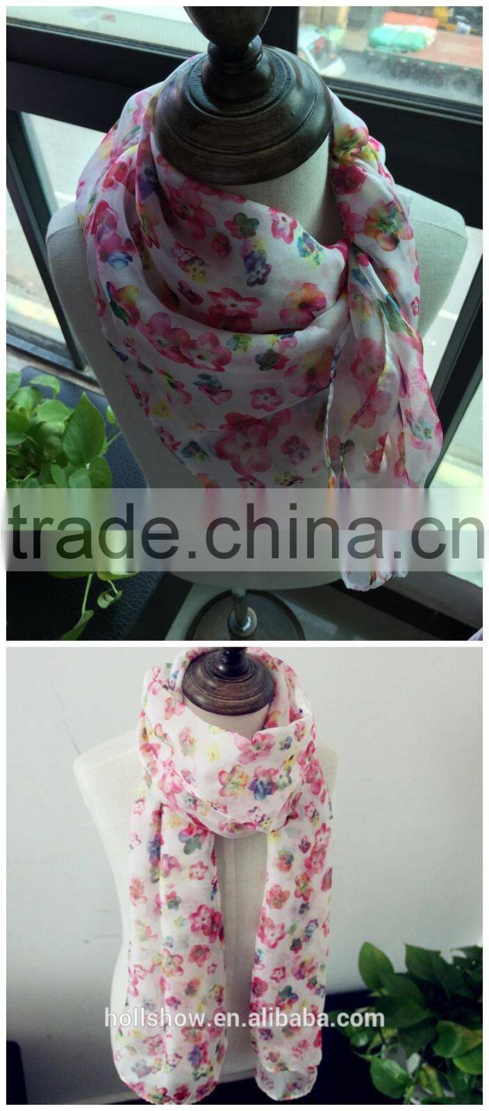 Hot Selling Charm Beautiful Small Flower Printed Polyester Long Fashion Girls Scarf