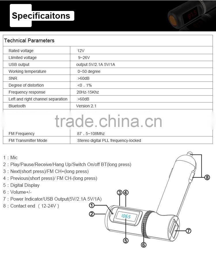 Free Sample BC08 fm transmitter bluetooth handsfree car kit MP3 player USB car charger