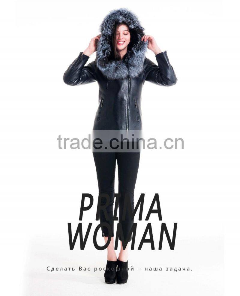 2015 Winter Women Plus Short Leather Jackets With Silver Fox Hat Fur Coat