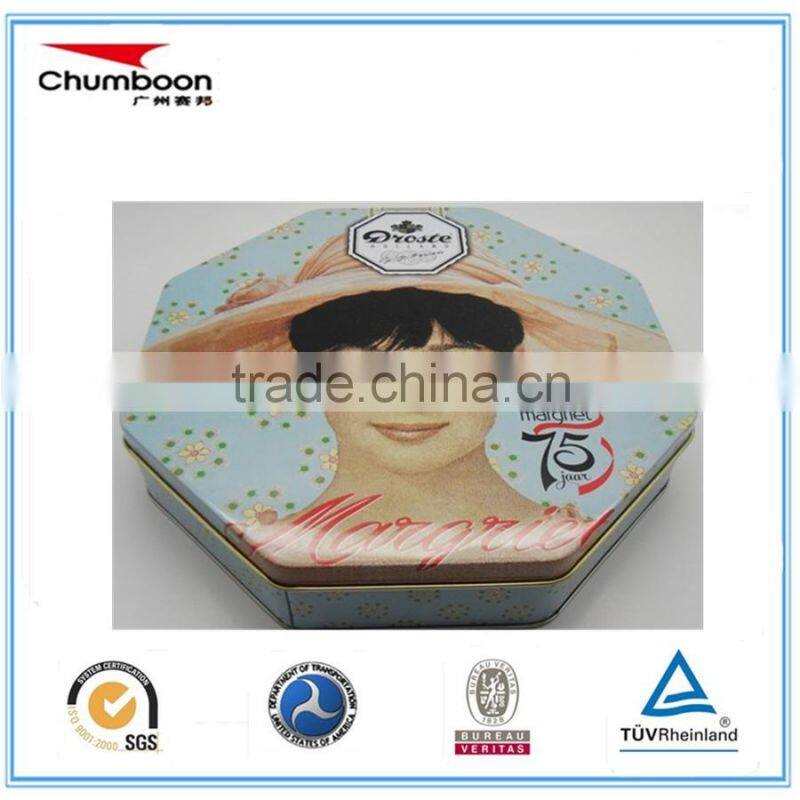 cosmetic mask chocolate biscuit octagonal tin can / CMYK OEM metal box / recycable tin box