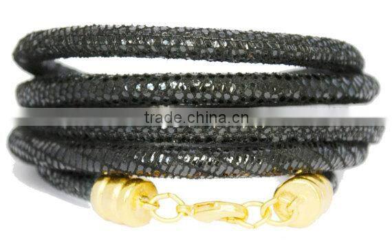 Blue Lapis Wrap Bracelet on Natural brown Leather with Silver tone nugget beads