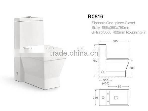Economic square siphonic one piece wall back wc water close B0816