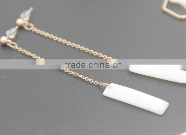 Gold Long Dangle Drop Chain With Rectangle Alloy Stone Earrings