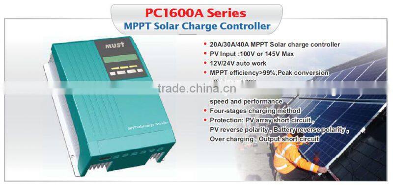 < Must Solar> HOT! CE ISO approved 20A 12V/24V LCD/LED high efficiency MPPT solar charge controller three colors for choice