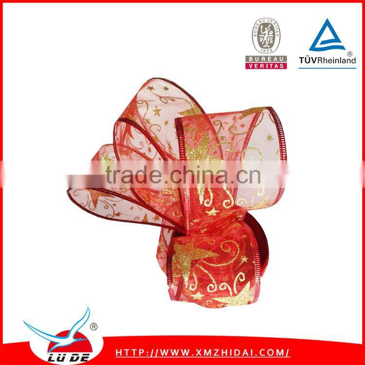 Red Organza Ribbon with Gold Eage for Chrismas Decoration