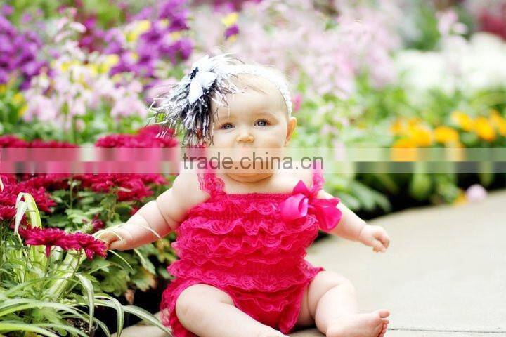 Lace hem hot pink black rompers jumpsuits wholesale baby lace romper solid ruffle petti romper posh girls lace romper for kids