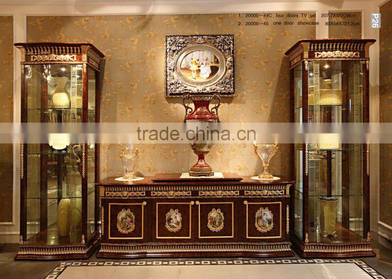 French Brass Decorated Wooden Living Room Furniture Display Cabinet With TV Stand/ Antique Glass Single Door Wine Showcase