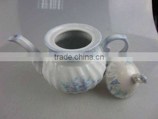 Stock white porcelain teapot with blue decal design