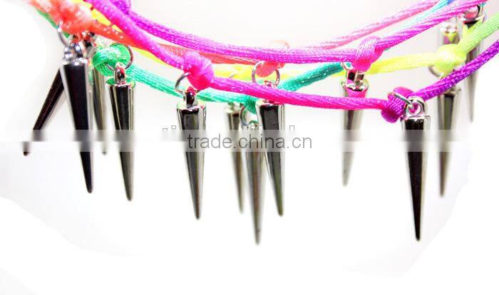 multi layered silver rivet charms neon silk cord bracelet Europe handmade punk style bracelet