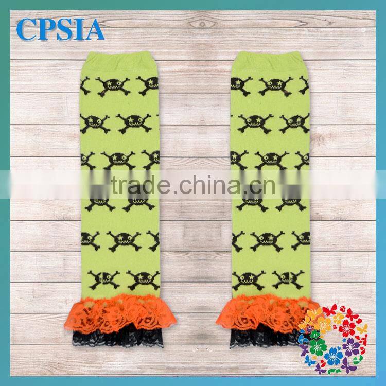 Hot sale Hallowmas black human skeleton Pattern children leg warmer and orange lace macrame baby leg warmer Wholesale