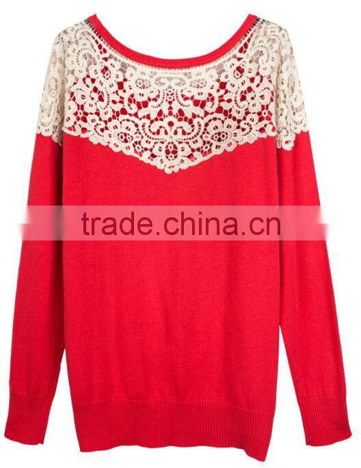 OEM ladies fashion O-neck lace mixed woman kint sweater