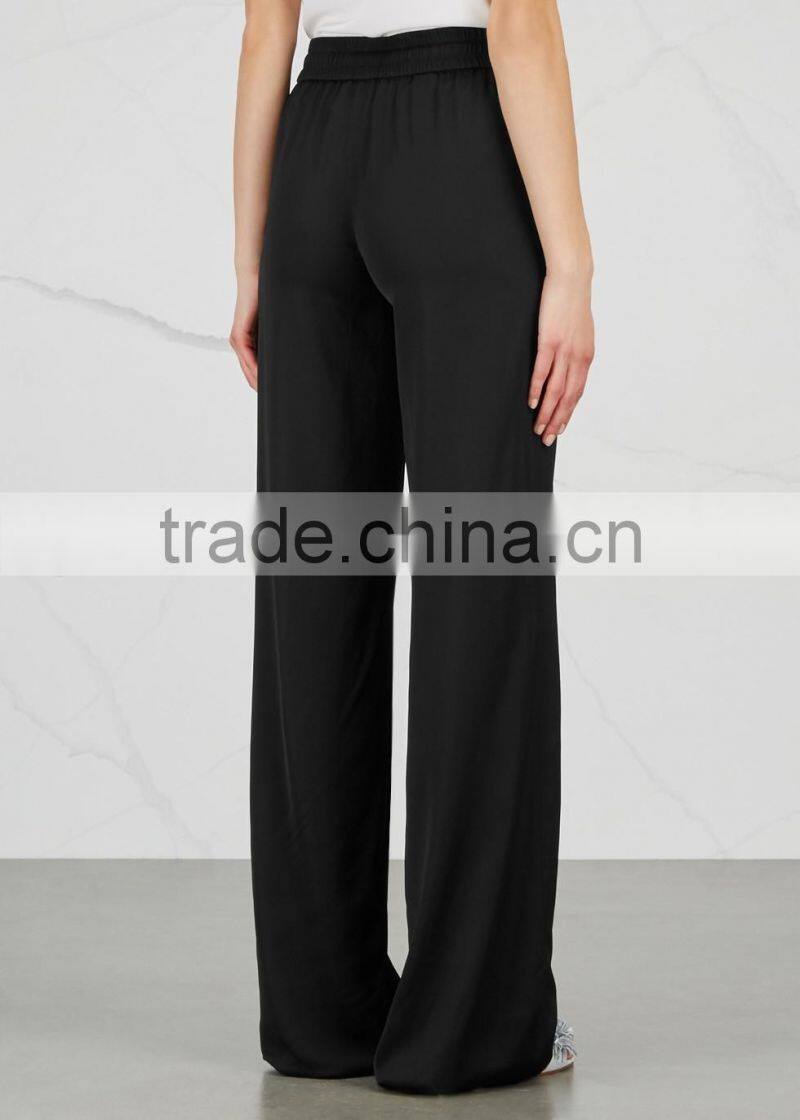 Wholesale Women Apparel Elasticated Drawstrint Waist Black Satin Trousers(DQE0354P)