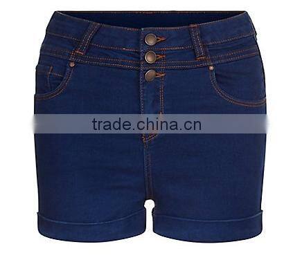 3 Buttons Blue Denim High Waisted Turn Up Shorts