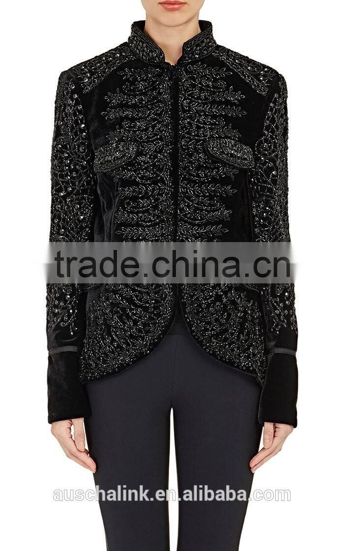 2016 high quality lady fancy embellished black velvet jacket