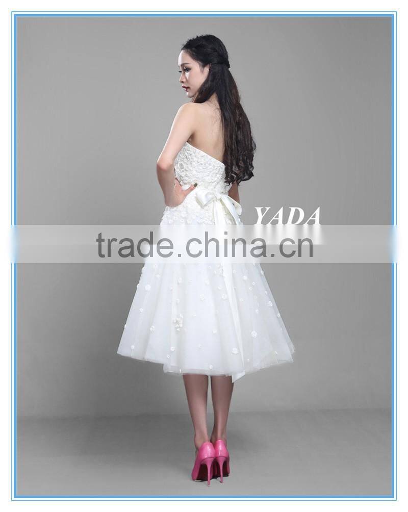 Pretty Off Shoulder Tulle Handmade Appliques Knee Length Wedding Dress