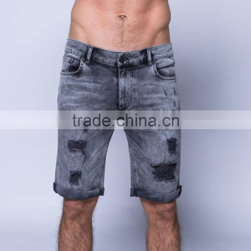 Summer & Fall Custom Men's Skinny Medium Wash Destroyed Denim Shorts Jeans