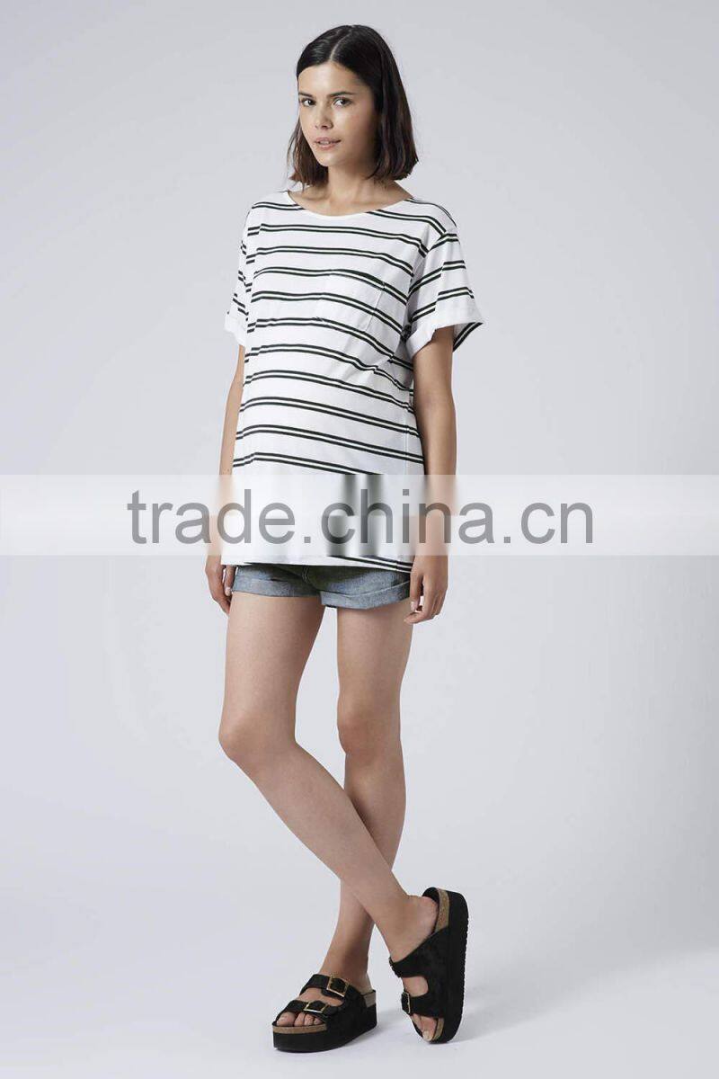Cheap double stripe short sleeves maternity t-shirt wear with front pocket