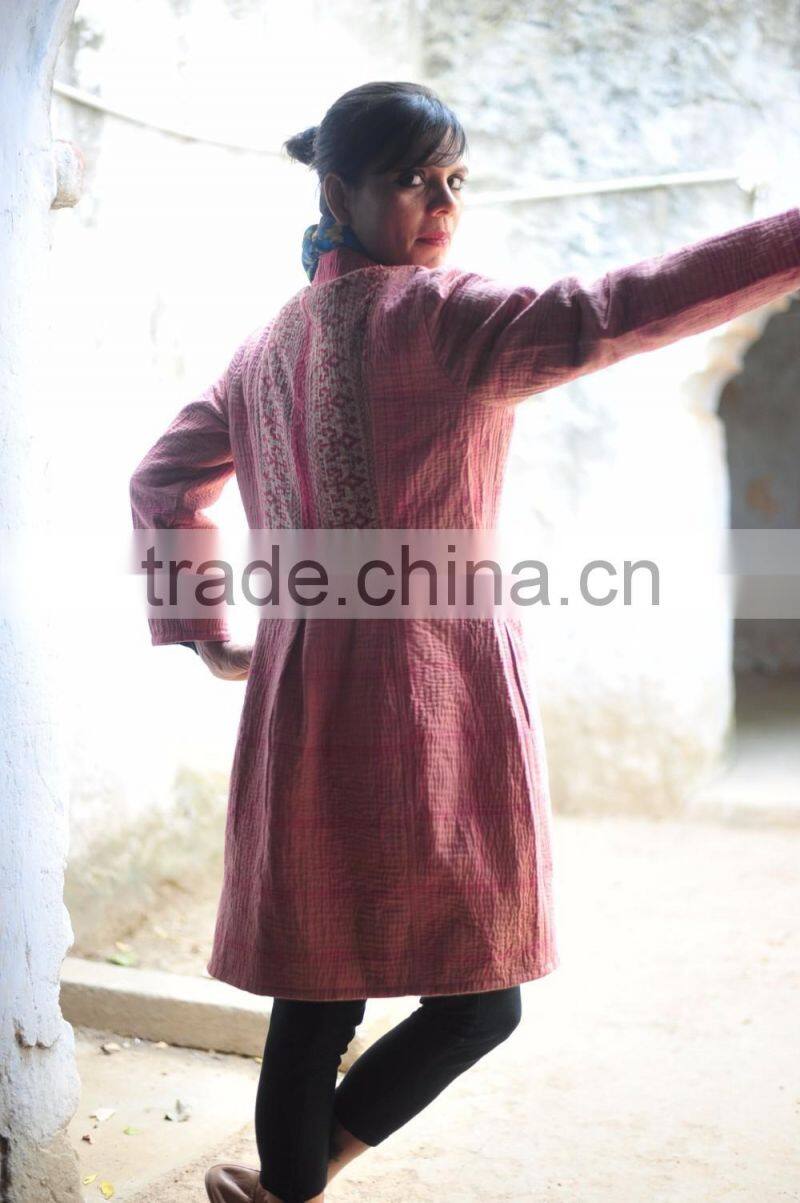 Vintage Kantha Long Accent Jacket in Beautiful Vintage Pink with a Saree Border Collar ~ Large