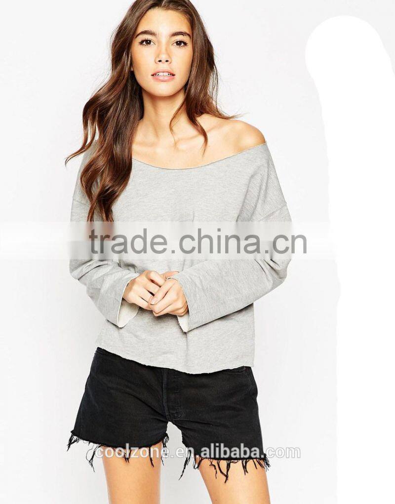 Latest off the shoulder neck raw cut edges women sweatshirt