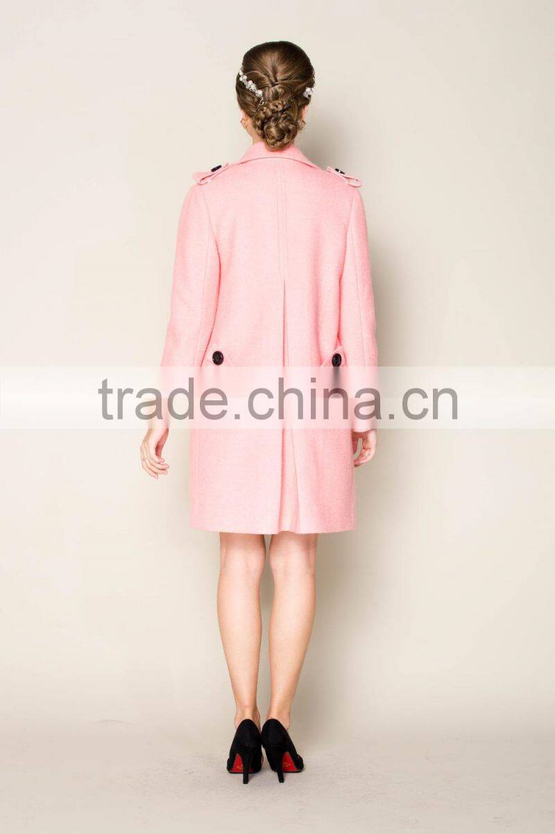 latest 2015 thick warm lovely pink women office coat with double breasted design