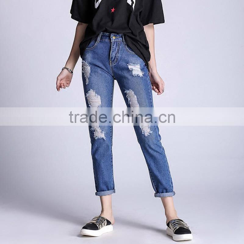 2017 Newest ladies plus size frayed Solid jeans pants