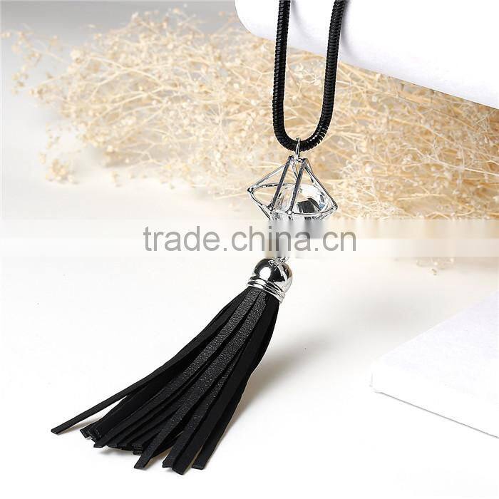New Fashion Long Snake Chain Black Leatheroid Tassel Pendant Clear Glass Rhinestone Sweater Necklace