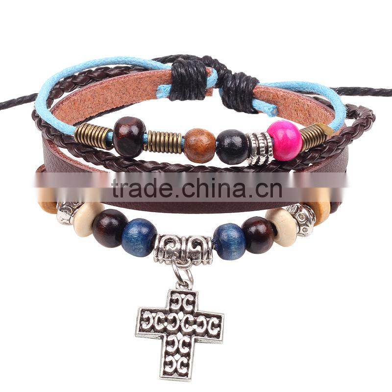 Zinc Alloy Silver Cross Leather Charm Pendant Bracelet