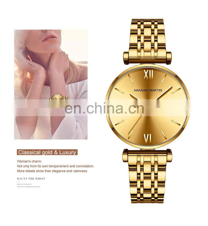 HANNAH MARTIN 1522 Womens Quartz Watch Luxury Bracelet Gold Waterproof Ladies Watch