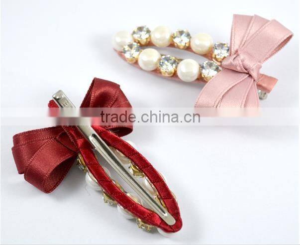 fashion crystal pearl ribbon hair bow alligator hair clips hair accessory