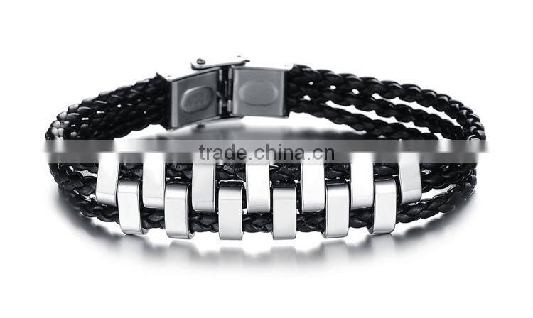 NSSL141 Three leather ropes tooth stainless steel leather bracelet