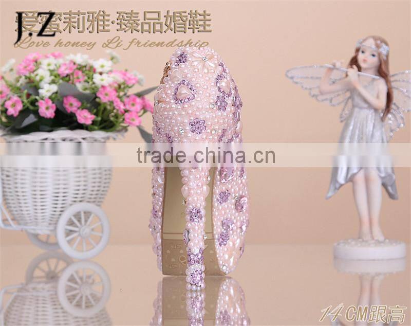 OW23 new design lady noble thin heel pinkcrystal wedding shoes