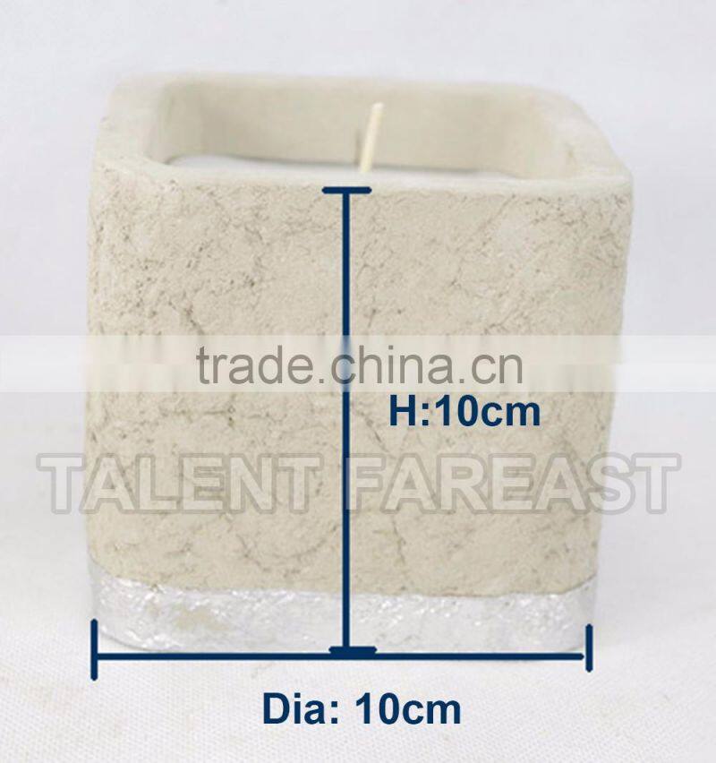 Soil-look for outdoor use candle, square cement pot candle with whitel unscented wax
