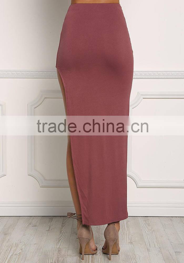 Wine jersey knit high slit maxi latest skirt design pictures