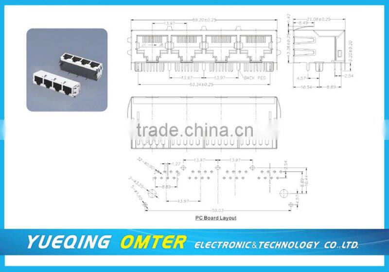 Hight quality 59 series 8P 8C 4 port PCB Board Mount Telephone Jack RJ45
