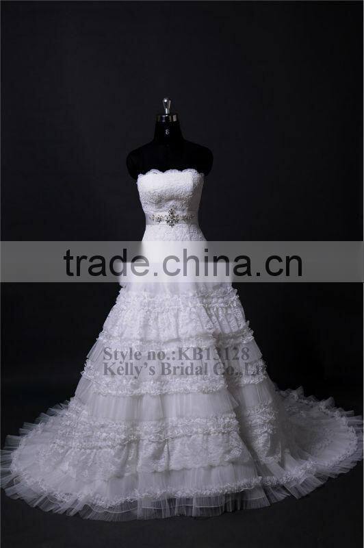 Muslim style strapless A-line layered lace summer wedding dresses