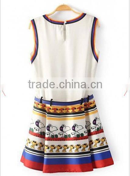 White Snoopy Print Pleated Belt Sleeveless Chiffon Dress