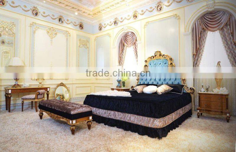 French Antique Bedroom Furniture Wooden Carved Nightstand/ Vintage Brown Bedside Table With Golden Carving