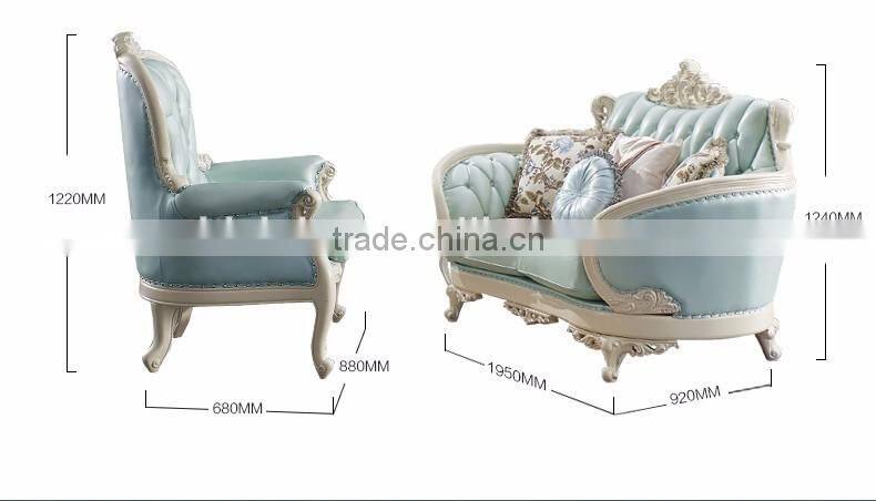 Neoclassic solid wood living room furniture fresh light blue color leather sofa set