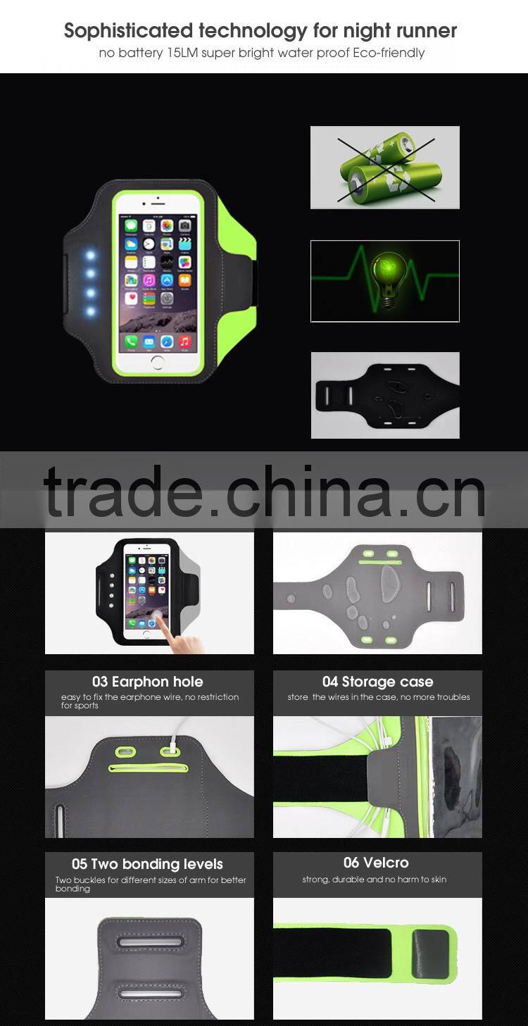 Battery free armband with self-powered safety LED light for night runner