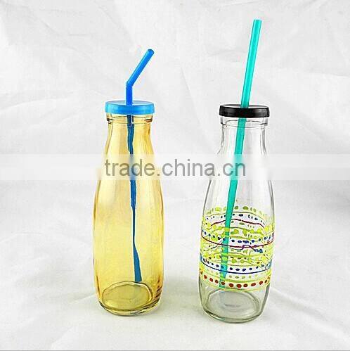 nice decal glass baby milk bottle with plastic straw