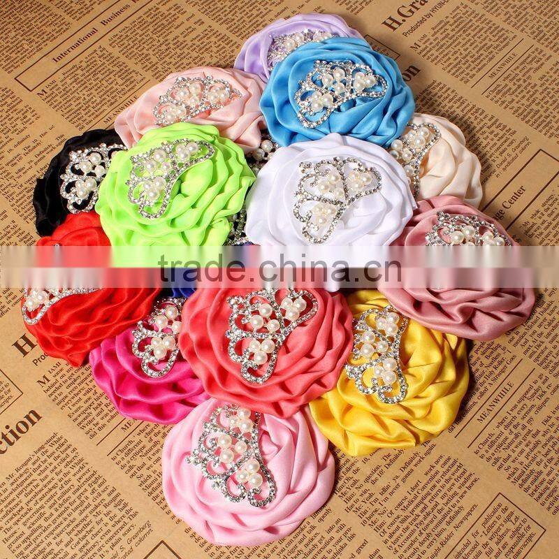 satin hanmade rose flower with crown for kids hair accessories