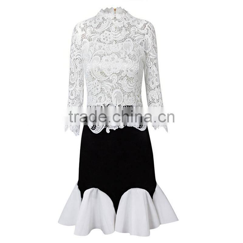 High collar long sleeve Knee length white lace dress