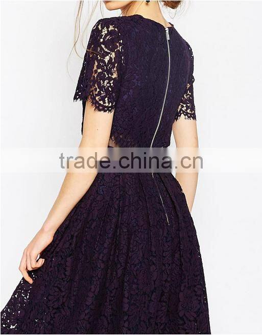China Guangzhou clothing OEM Scalloped edges Round neckline Crop top Mesh insert Midi women dress