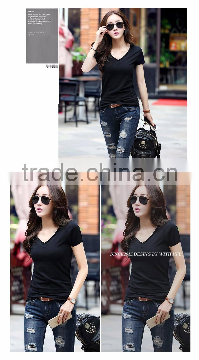 Customized manufactorying pure V neck short-sleeve ladies T shirt